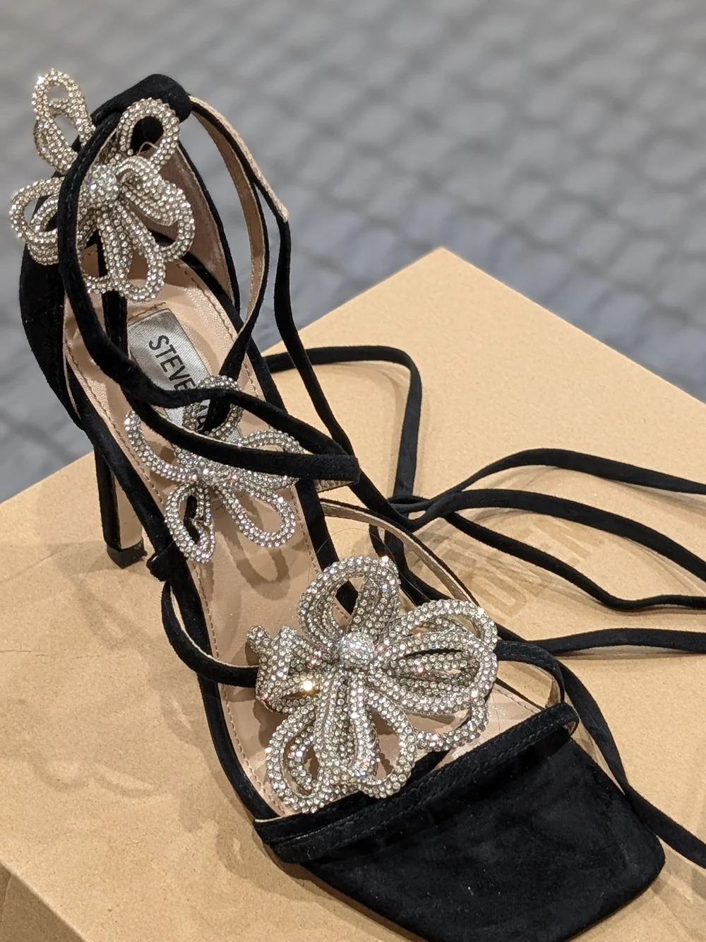 Steve Madden Black Crystal Flower Lace-Up Heels